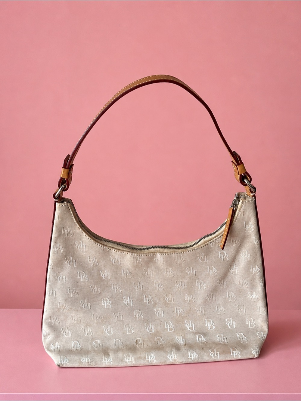 Vintage Dooney & Bourke Canvas Monogram Shoulder Bag – Cream/Tan